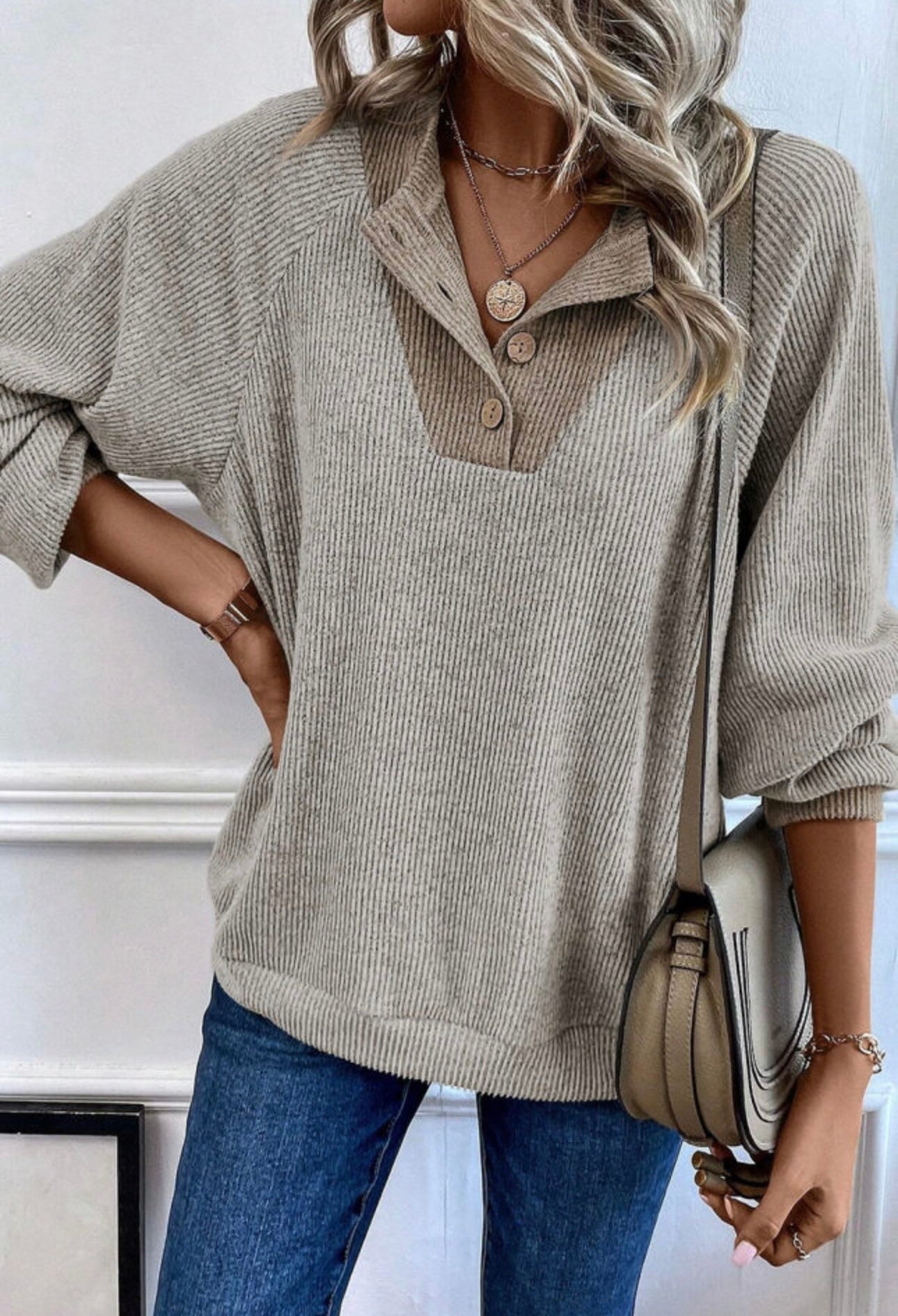 Color Contrast Ribbed Loose Fit Long Sleeve Top